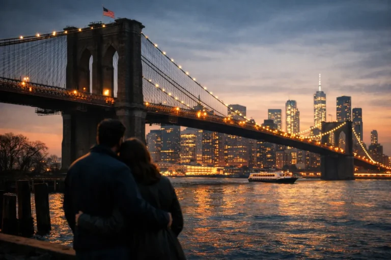 Coppia in riva all’East River con il Ponte di Brooklyn illuminato e lo skyline di Manhattan al tramonto.