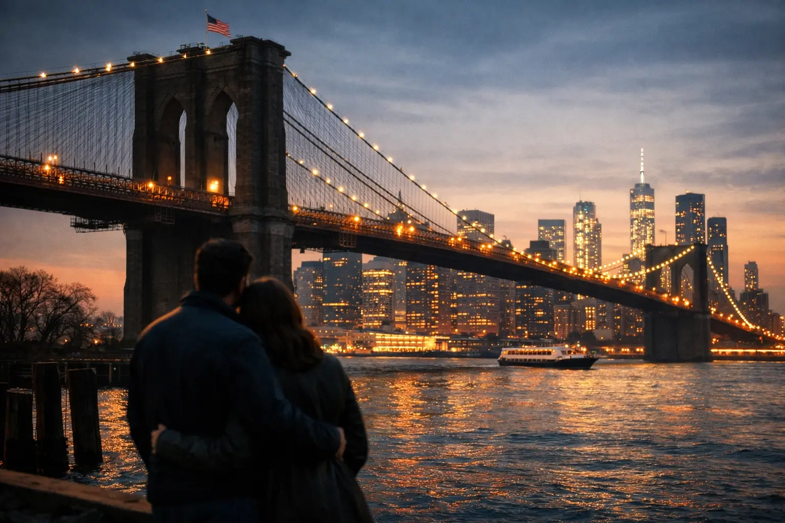 Coppia in riva all’East River con il Ponte di Brooklyn illuminato e lo skyline di Manhattan al tramonto.
