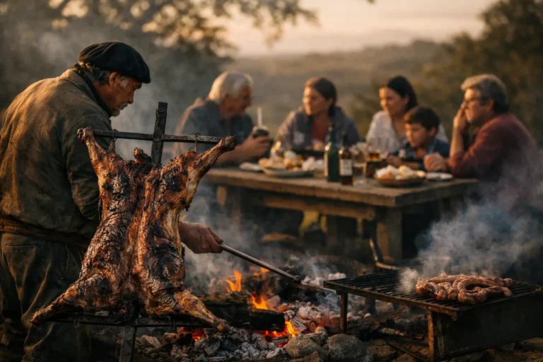 Cuoco alla griglia cuoce un animale intero al fuoco, mentre una famiglia cena a un tavolo rustico all’aperto.
