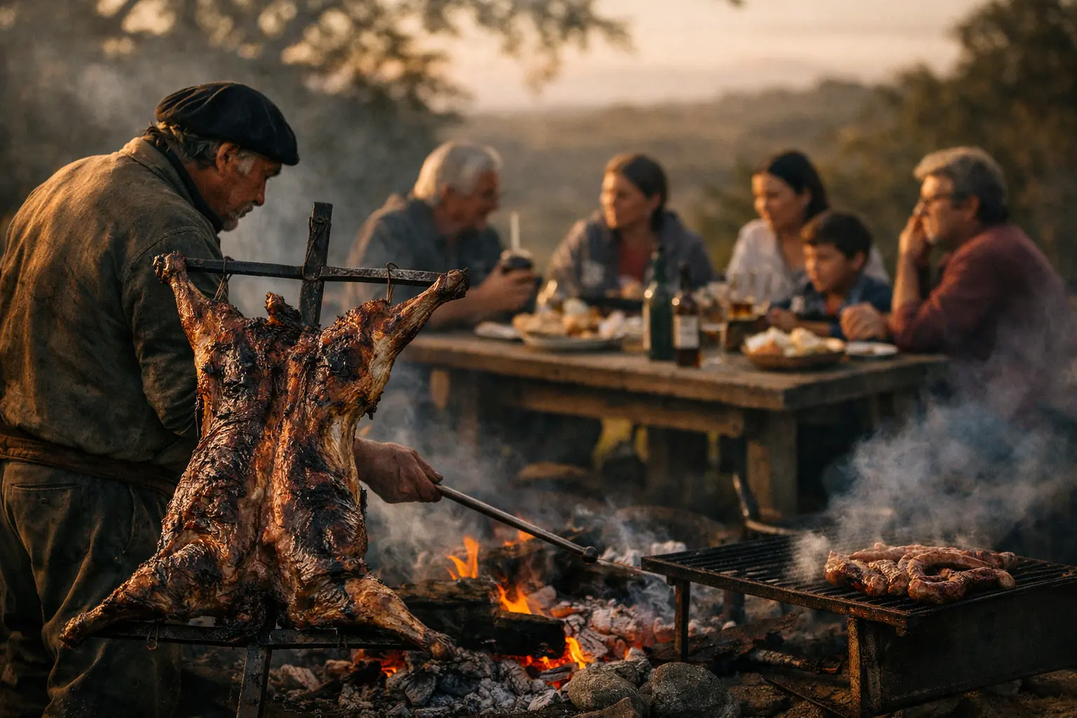Cuoco alla griglia cuoce un animale intero al fuoco, mentre una famiglia cena a un tavolo rustico all’aperto.