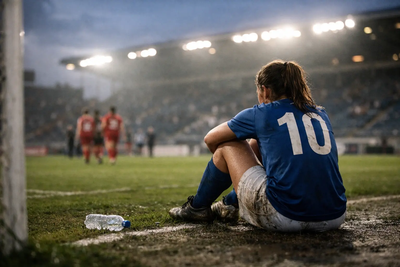 Calciatrice seduta a bordo campo fangoso, con altre giocatrici sfocate sullo sfondo e luci dello stadio accese.