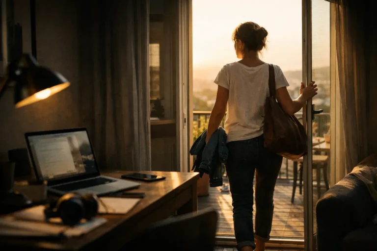 Donna esce da casa con borsa e giacca; sul tavolo un laptop e un telefono, luce del tramonto dalla porta aperta.