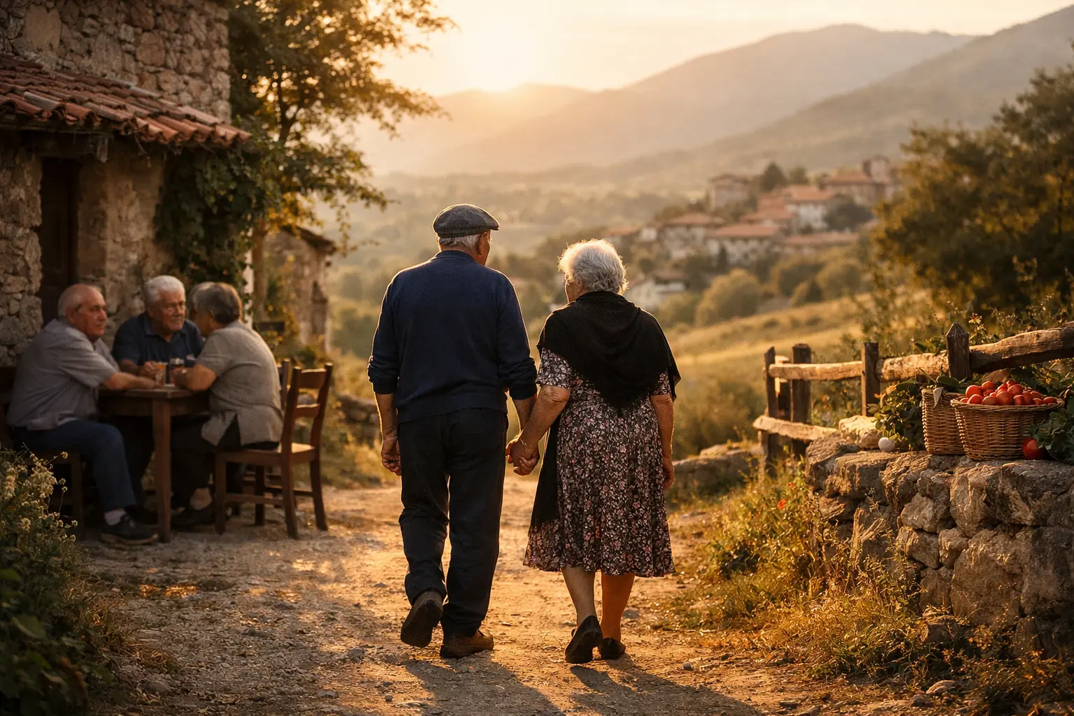Coppia anziana mano nella mano su un sentiero di borgo, con altre persone sedute all’aperto sullo sfondo.