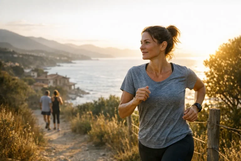 Donna che corre su un sentiero costiero al tramonto, con due persone che camminano sullo sfondo.