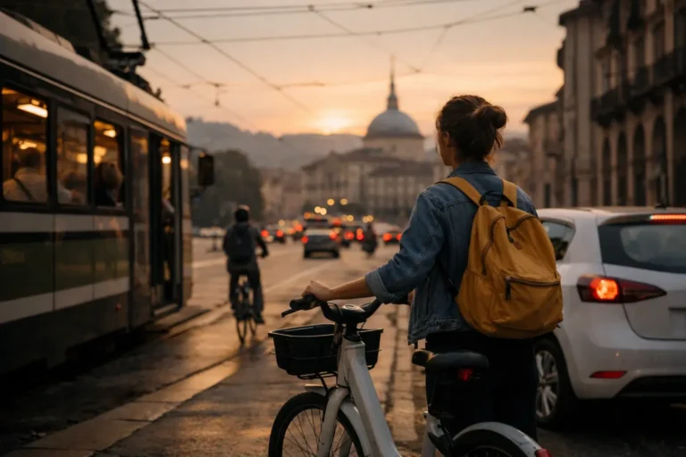 Donna con zaino giallo su bici condivisa accanto a un tram e a un'auto in coda al tramonto