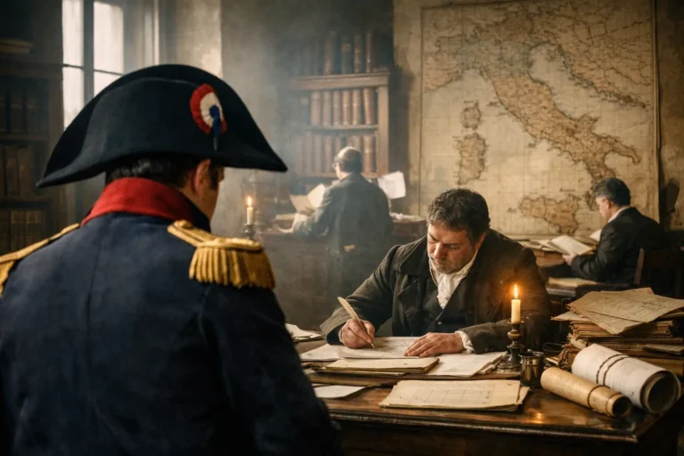 Ufficiale napoleonico davanti a funzionari che compilano documenti, con grande mappa dell’Italia sullo sfondo.