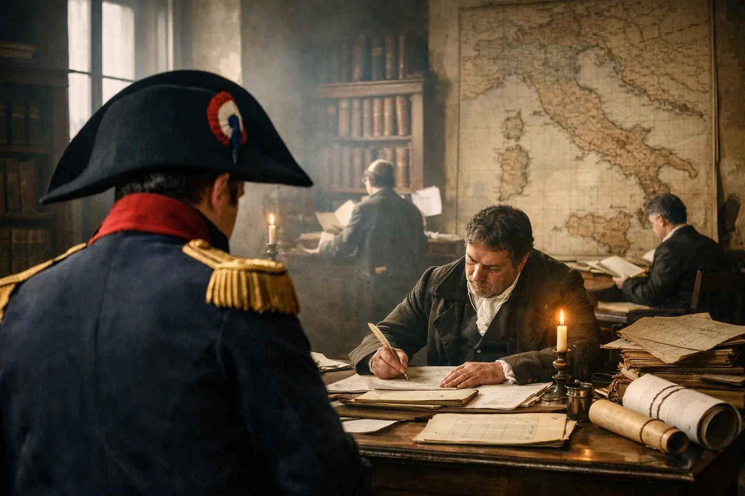 Ufficiale napoleonico davanti a funzionari che compilano documenti, con grande mappa dell’Italia sullo sfondo.