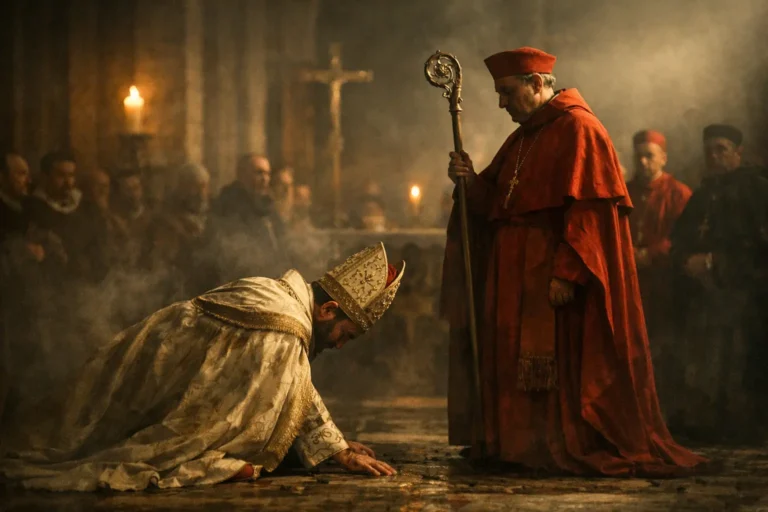 Un papa in bianco e oro si inginocchia davanti a un cardinale rosso, in chiesa, con altri religiosi sullo sfondo.