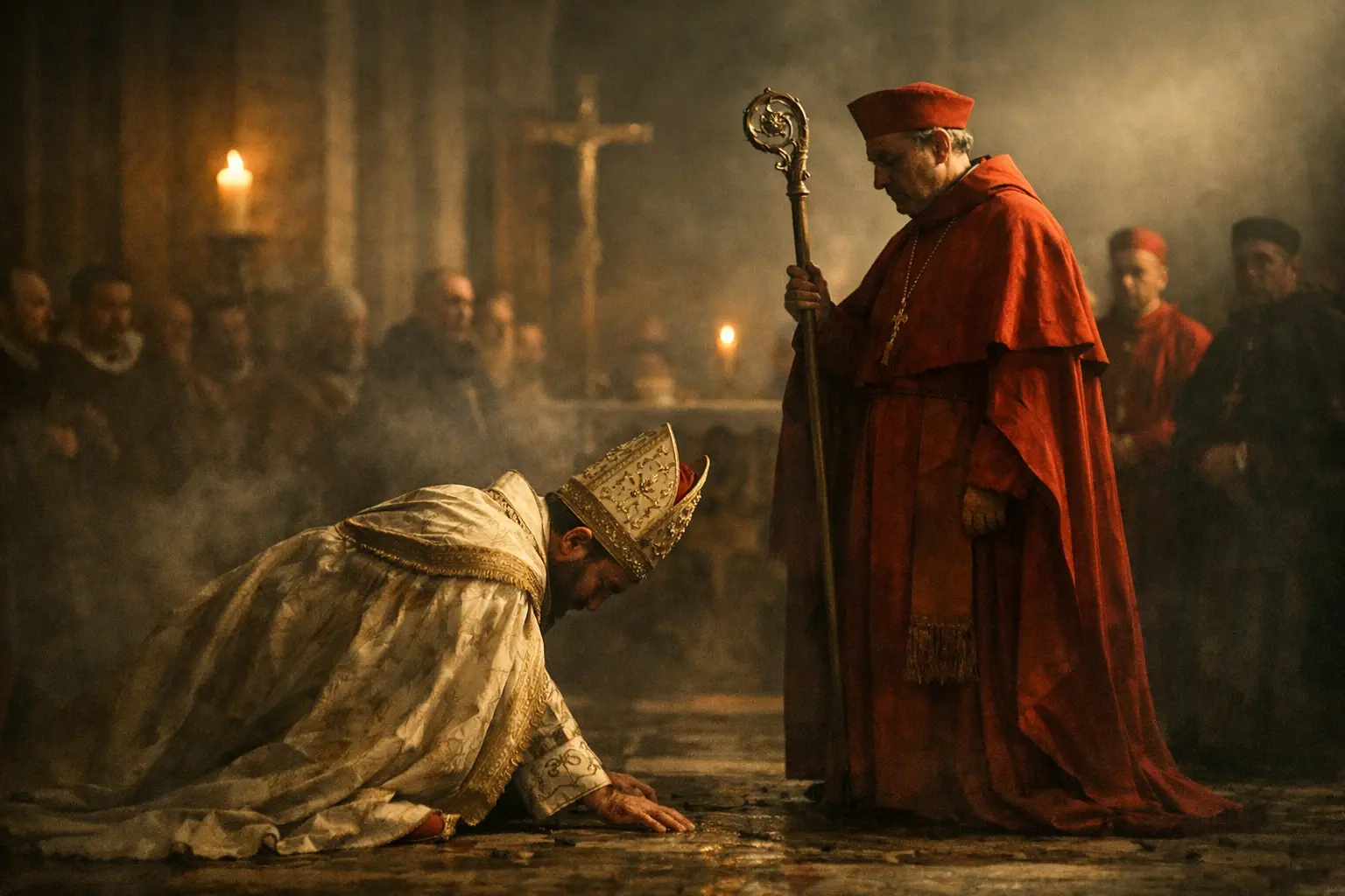 Un papa in bianco e oro si inginocchia davanti a un cardinale rosso, in chiesa, con altri religiosi sullo sfondo.
