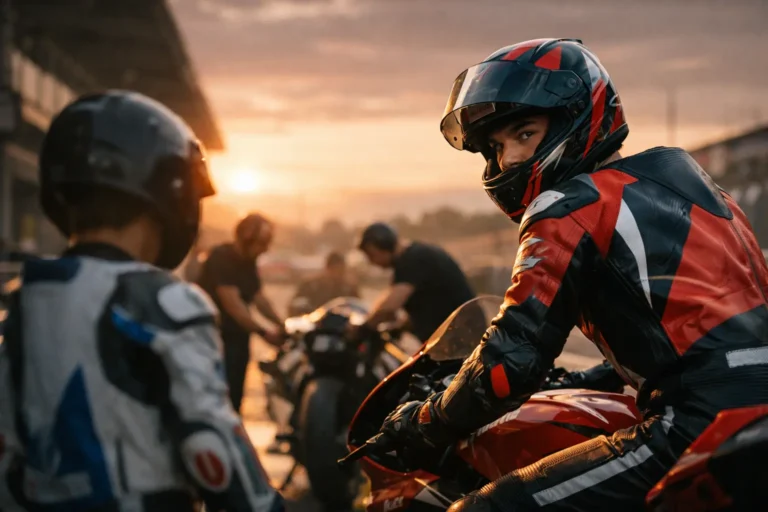 Pilota su moto da corsa si volta verso un altro pilota, con meccanici sfocati sullo sfondo al tramonto.