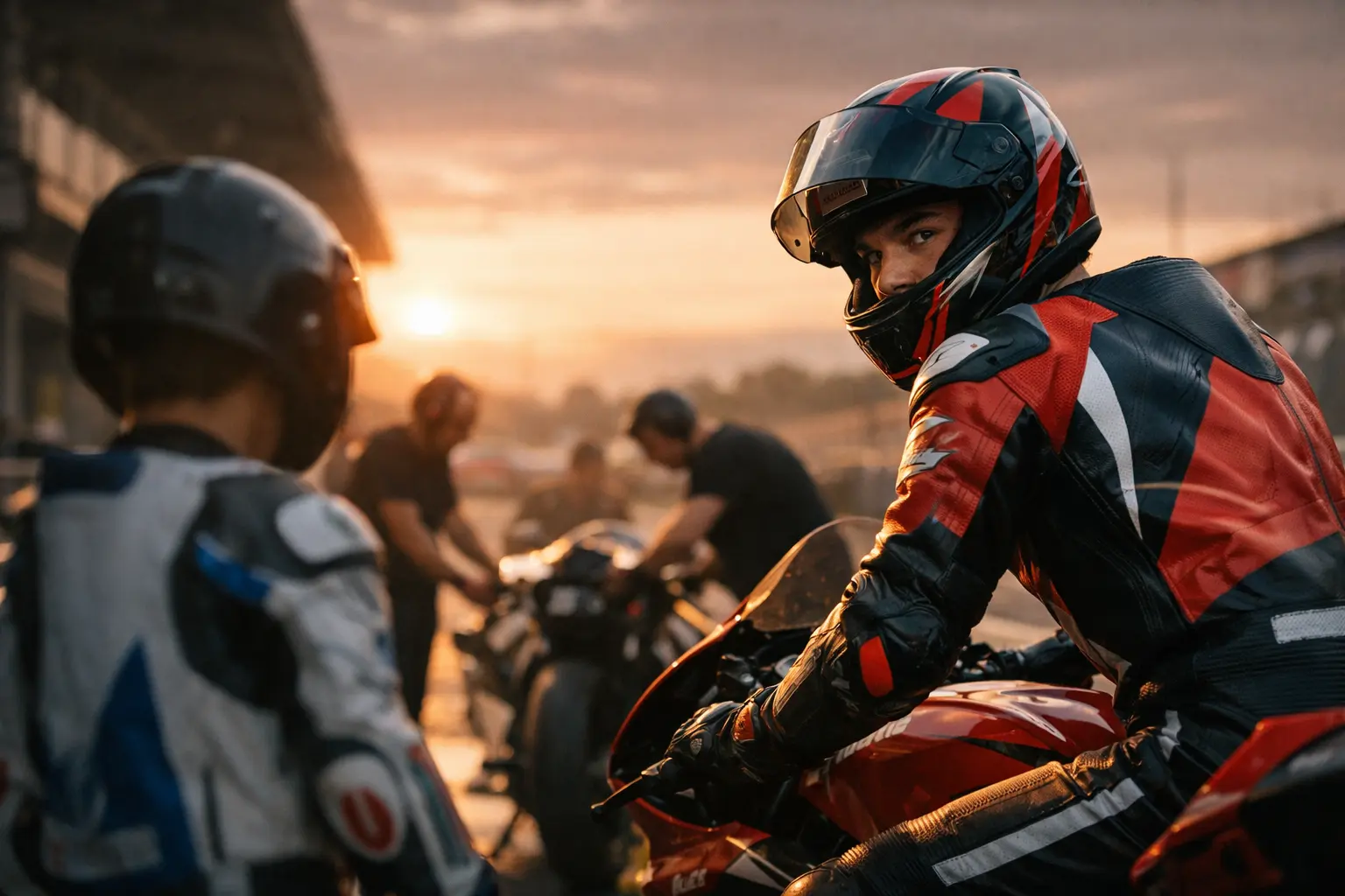 Pilota su moto da corsa si volta verso un altro pilota, con meccanici sfocati sullo sfondo al tramonto.