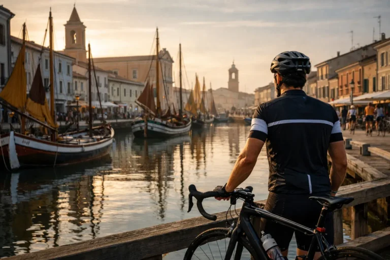 Ciclista con bici guarda le barche nel porto-canale di Cesenatico all’alba.