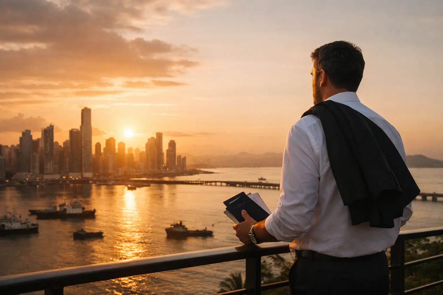 Uomo in camicia con giacca sulla spalla, con passaporto in mano, guarda il porto e lo skyline al tramonto.