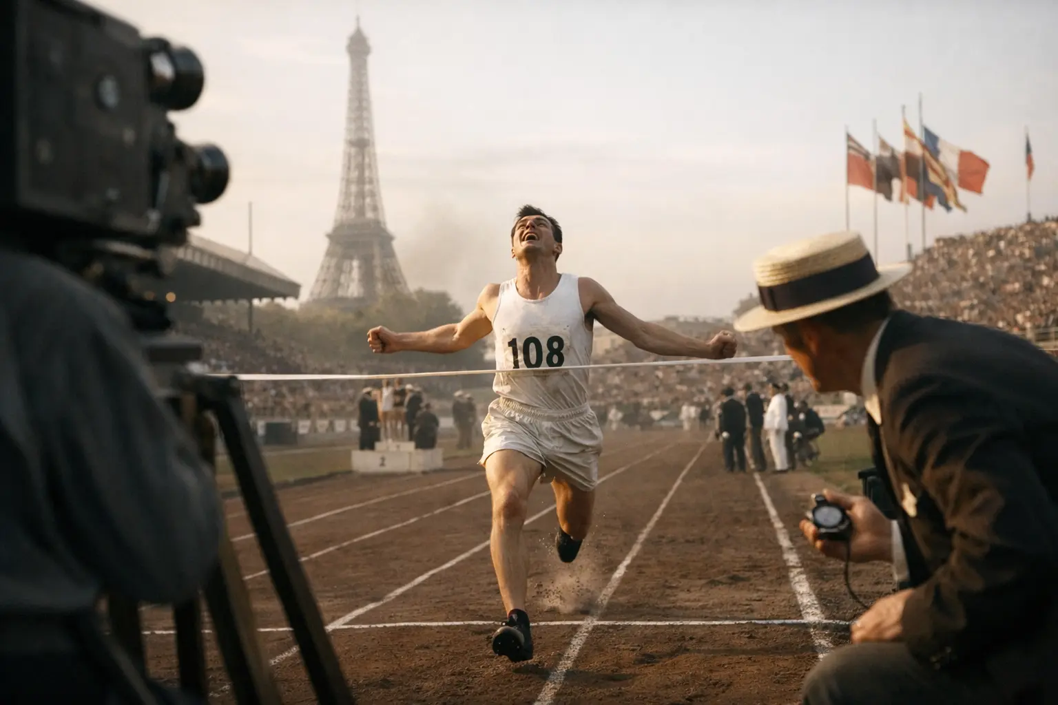 Atleta taglia il traguardo in uno stadio affollato, con la Torre Eiffel sullo sfondo e fotografi ai lati.