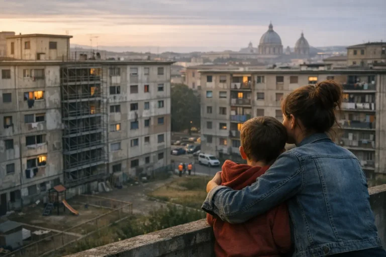 Donna e bambino abbracciati su un balcone, davanti a palazzi popolari e allo skyline urbano al tramonto.