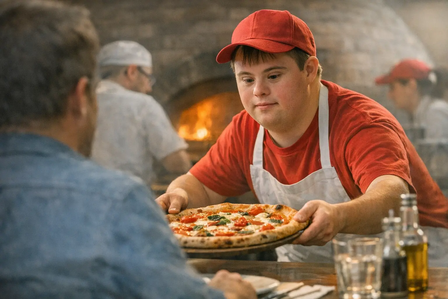 Giovane cameriere con cappellino rosso serve una pizza a un cliente in pizzeria, con forno acceso sullo sfondo.