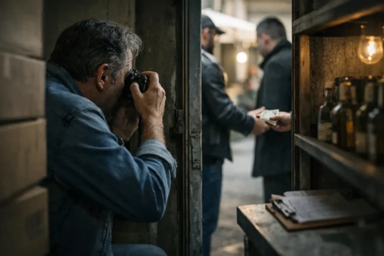 Uomo scatta una foto a due uomini che si scambiano denaro in un passaggio stretto.