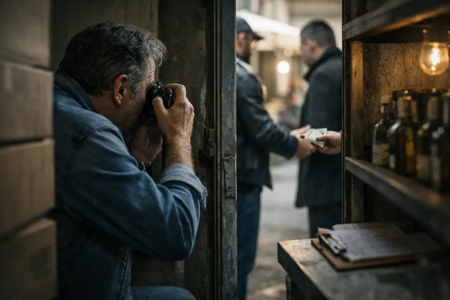 Uomo scatta una foto a due uomini che si scambiano denaro in un passaggio stretto.