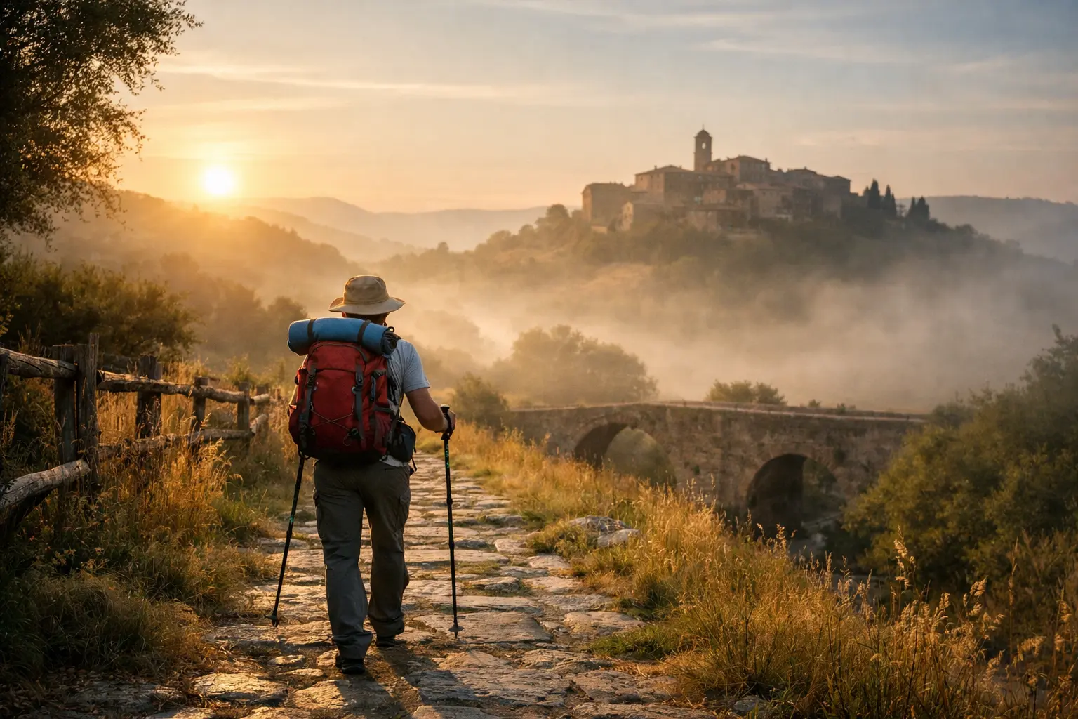 Escursionista con zaino e bastoncini su un sentiero in pietra al tramonto, con borgo collinare e ponte sullo sfondo.