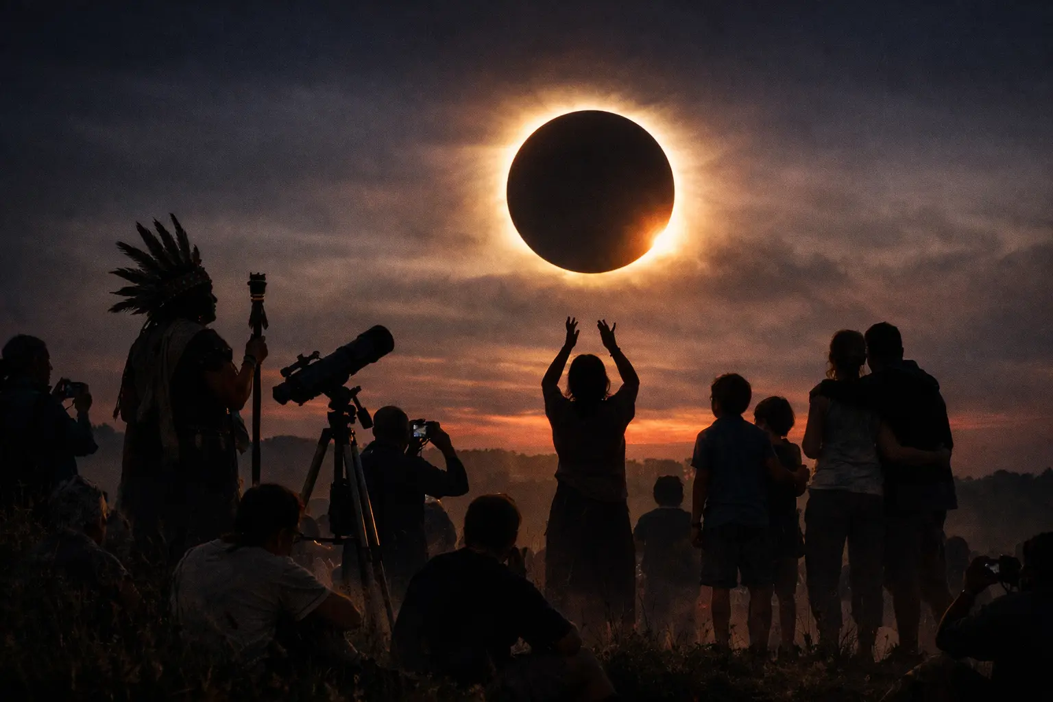Eclissi solare totale nel cielo scuro, con persone in silhouette che la osservano e fotografano.
