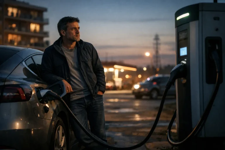 Uomo accanto a un’auto elettrica in ricarica presso una colonnina pubblica al tramonto.
