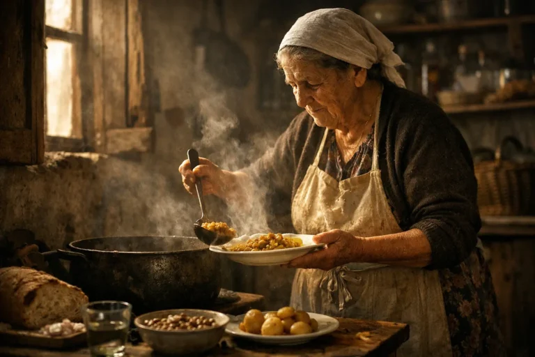 Anziana cuoca in cucina rustica serve un piatto di zuppa fumante da una pentola, con pane e patate sul tavolo