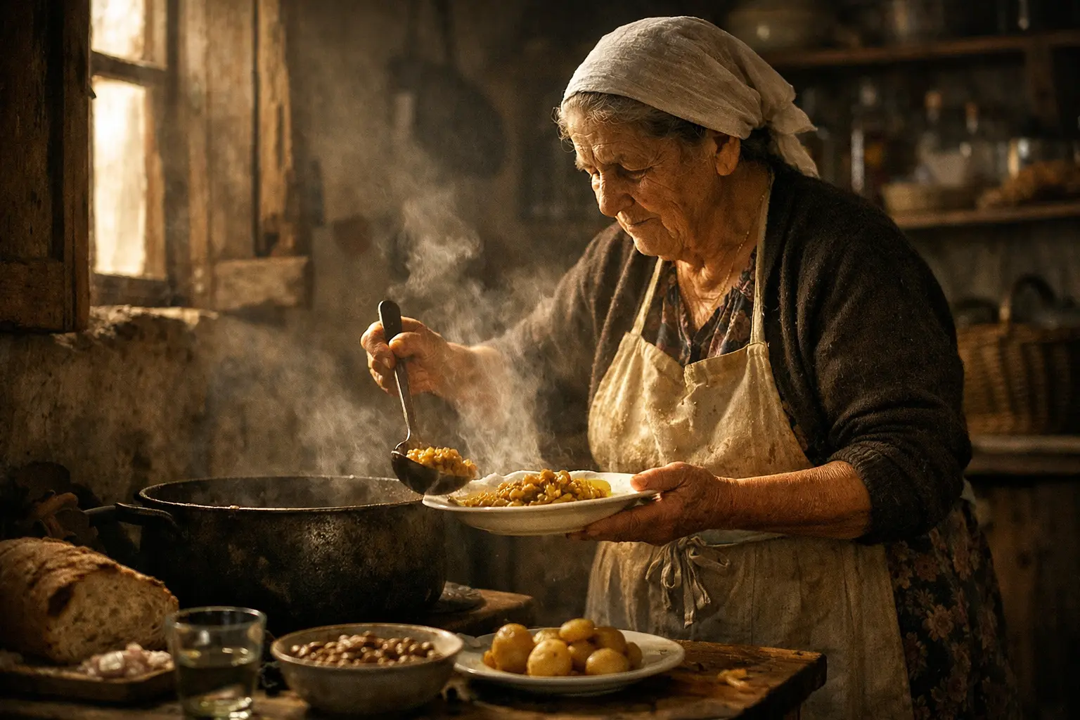 Anziana cuoca in cucina rustica serve un piatto di zuppa fumante da una pentola, con pane e patate sul tavolo