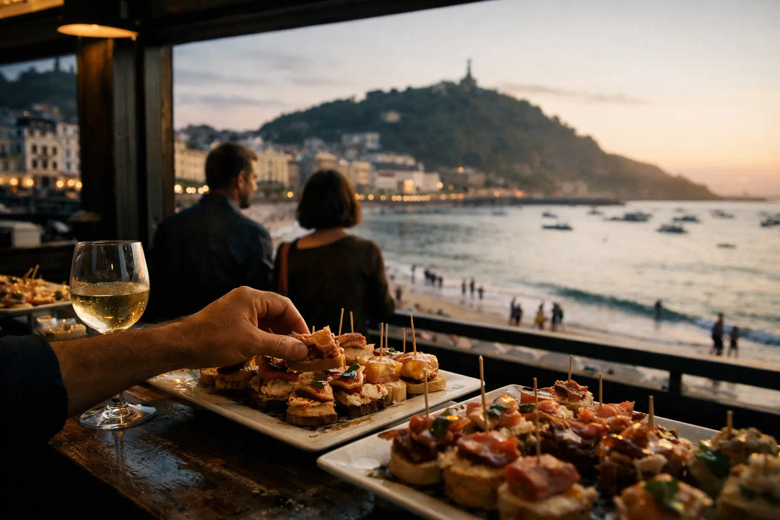 Piatti di pintxos e calice di vino su un tavolo, con coppia affacciata sulla baia al tramonto.