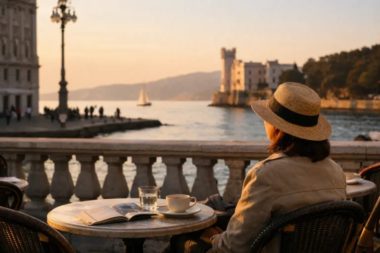 Donna con cappello di paglia al tavolino di un caffè sul mare a Trieste, con libro, tazza e barca a vela.
