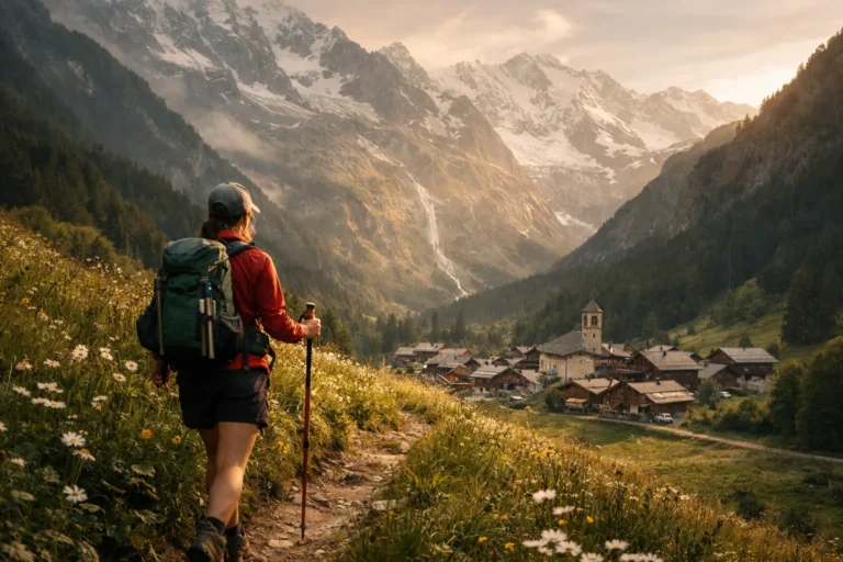 Escursionista con zaino su sentiero di montagna verso un borgo alpino, con vette innevate sullo sfondo.