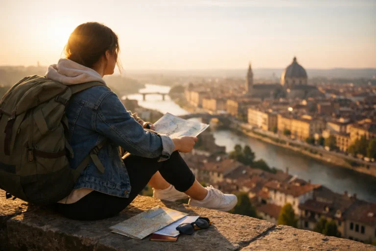 Viaggiatrice con zaino seduta su un muretto, con mappa in mano, davanti a una città sul fiume al tramonto.