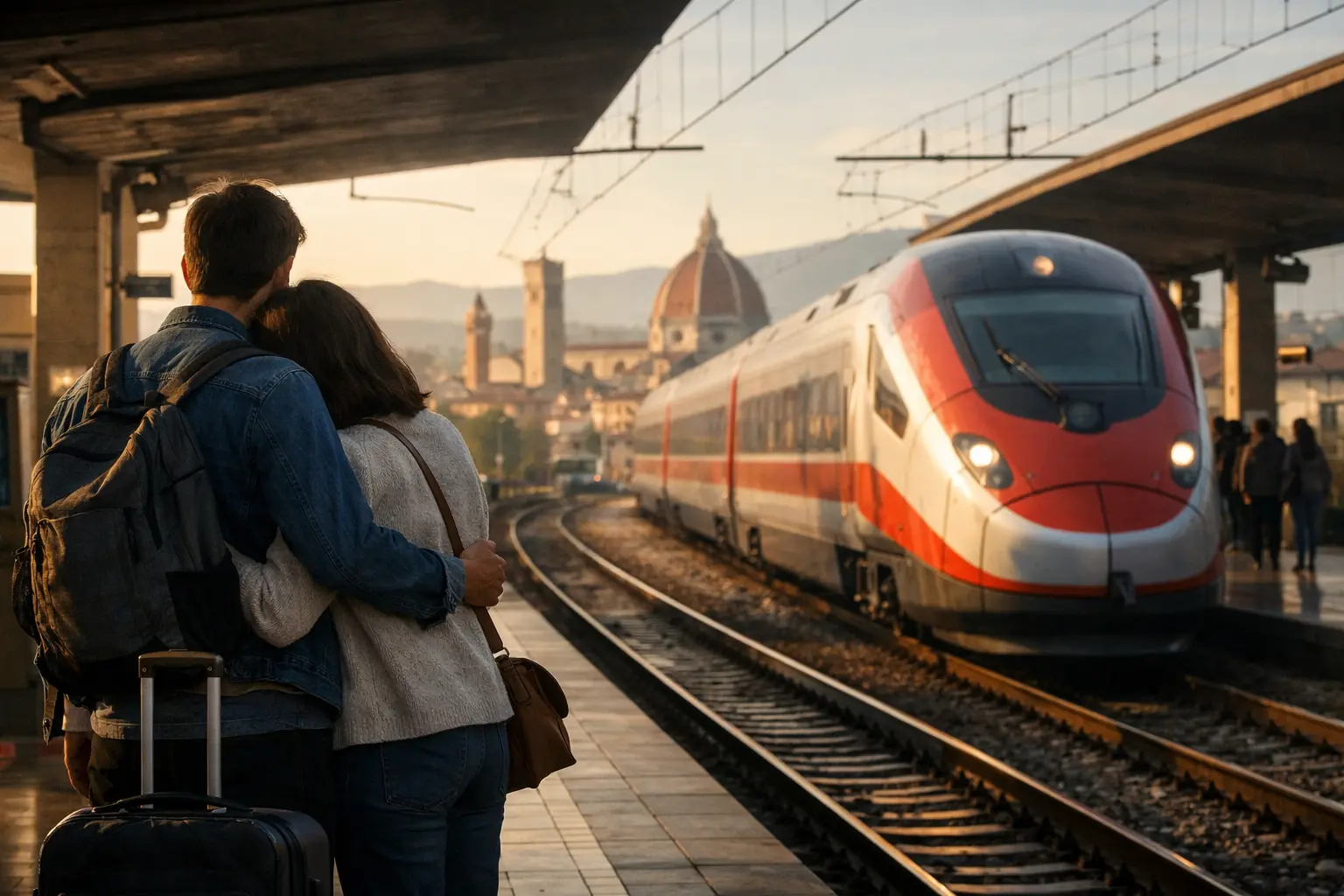 Coppia abbracciata con trolley su un marciapiede di stazione, davanti a un treno veloce e a una cattedrale sullo sfondo