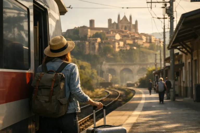Viaggiatrice con zaino e trolley accanto a un treno su un marciapiede di stazione, con città collinare sullo sfondo.
