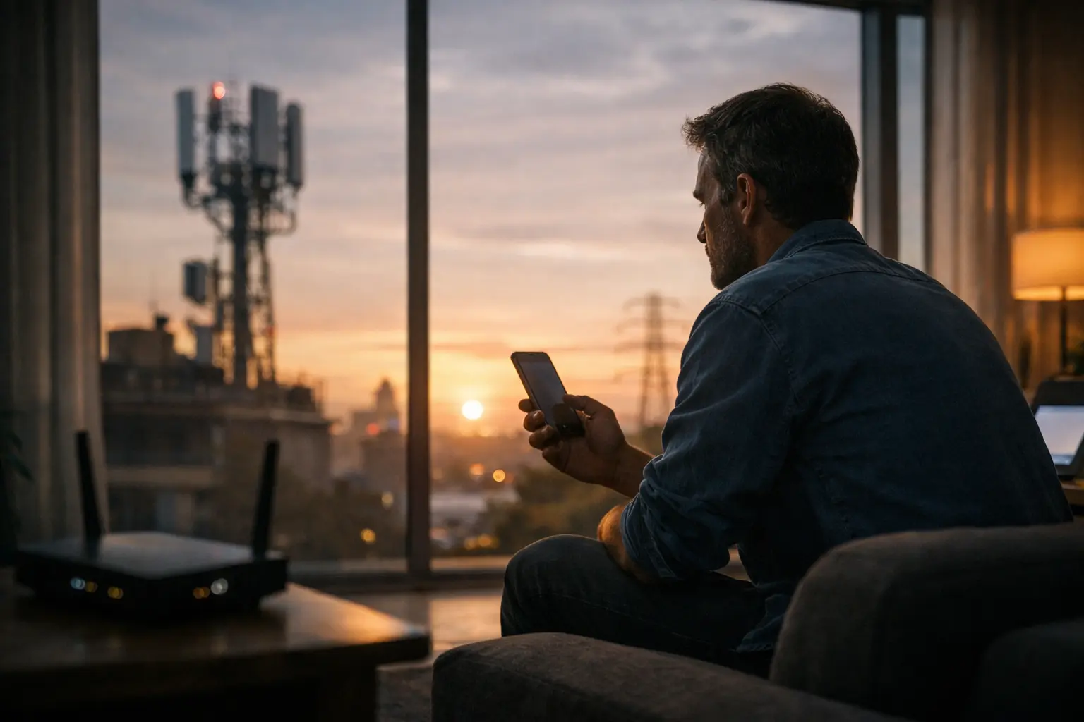 Uomo seduto sul divano con smartphone, davanti alla finestra al tramonto, con router sul tavolino sfocato.