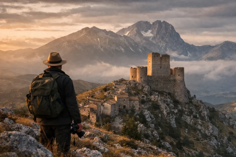 Escursionista con zaino e fotocamera davanti a un castello medievale tra montagne e nuvole al tramonto