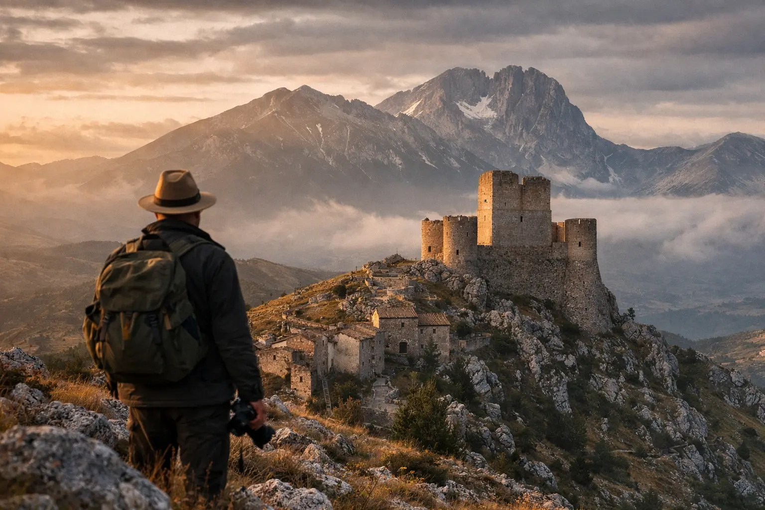 Escursionista con zaino e fotocamera davanti a un castello medievale tra montagne e nuvole al tramonto