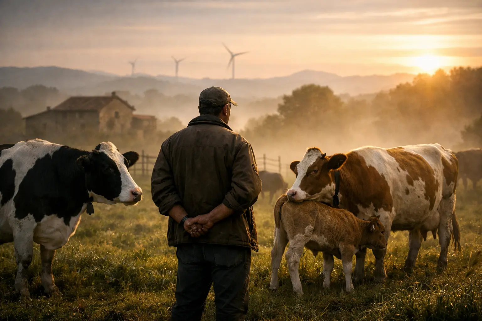 Allevatore tra mucche e un vitello al pascolo all’alba, con cascina e turbine eoliche sullo sfondo.