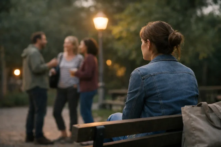 Donna seduta su una panchina osserva tre adulti che parlano in un parco al tramonto.