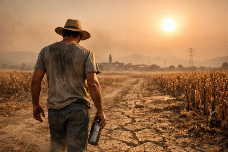 Agricoltore con cappello in un campo secco e arido, con sole basso e coltivazioni appassite sullo sfondo