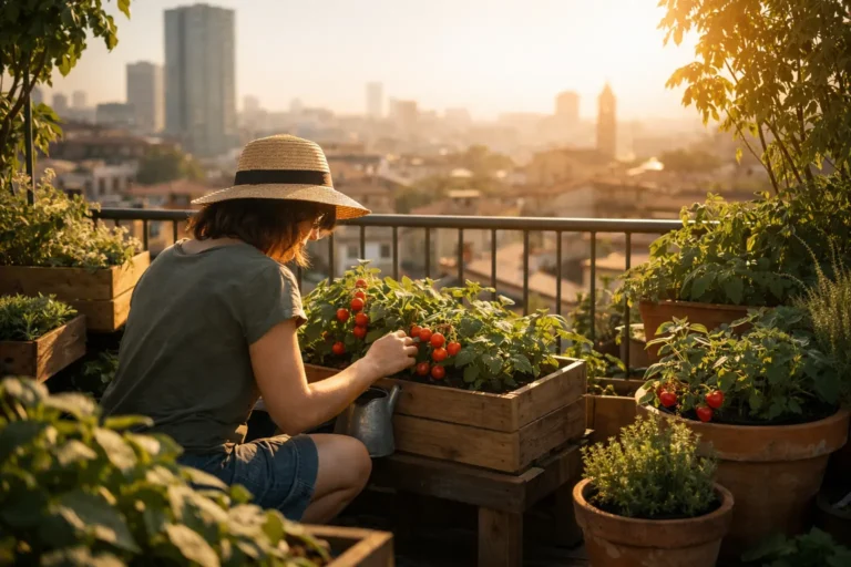 Persona che raccoglie pomodorini in un orto sul balcone, con vasi di piante e skyline cittadino al tramonto.
