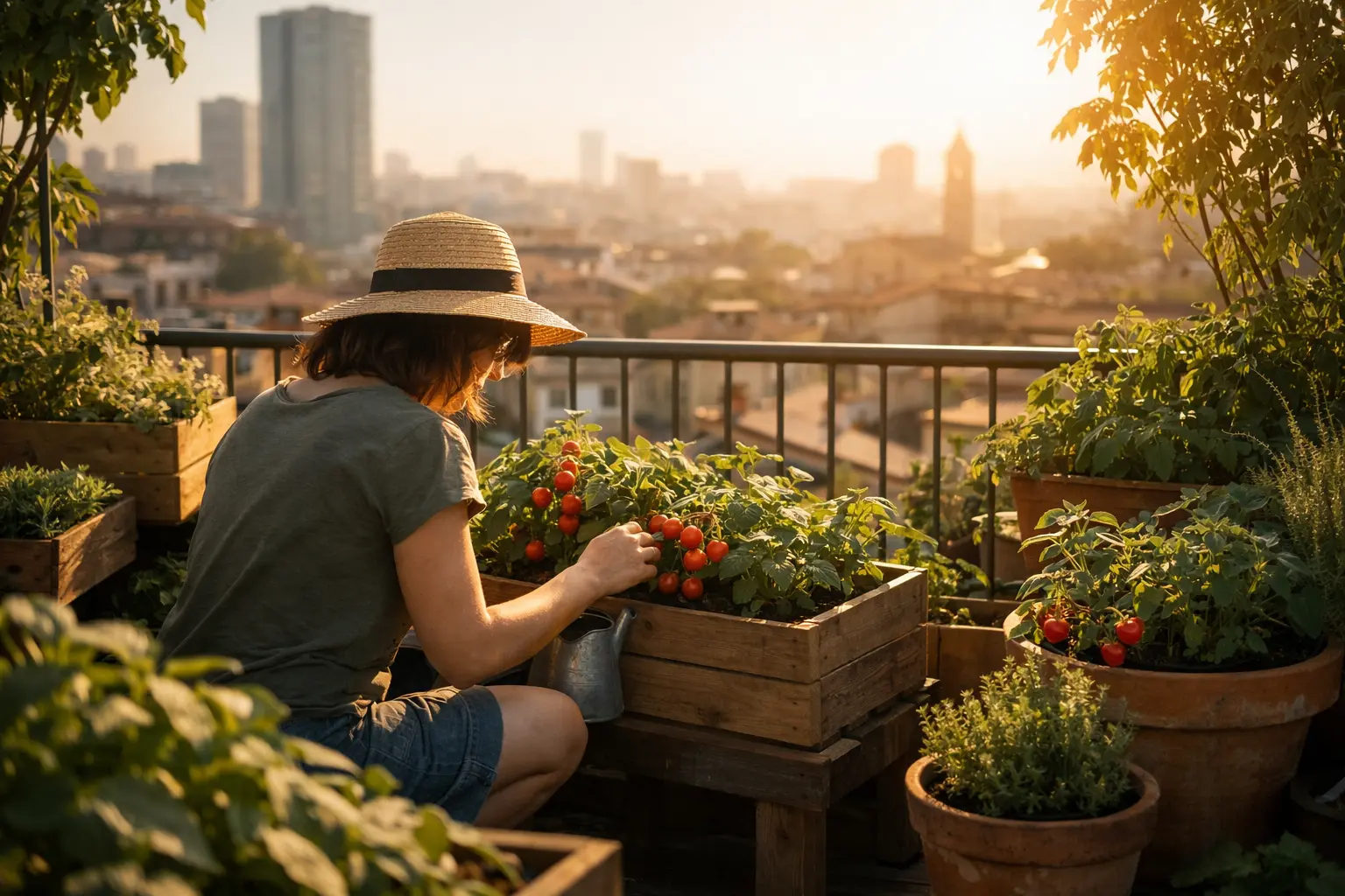 Persona che raccoglie pomodorini in un orto sul balcone, con vasi di piante e skyline cittadino al tramonto.