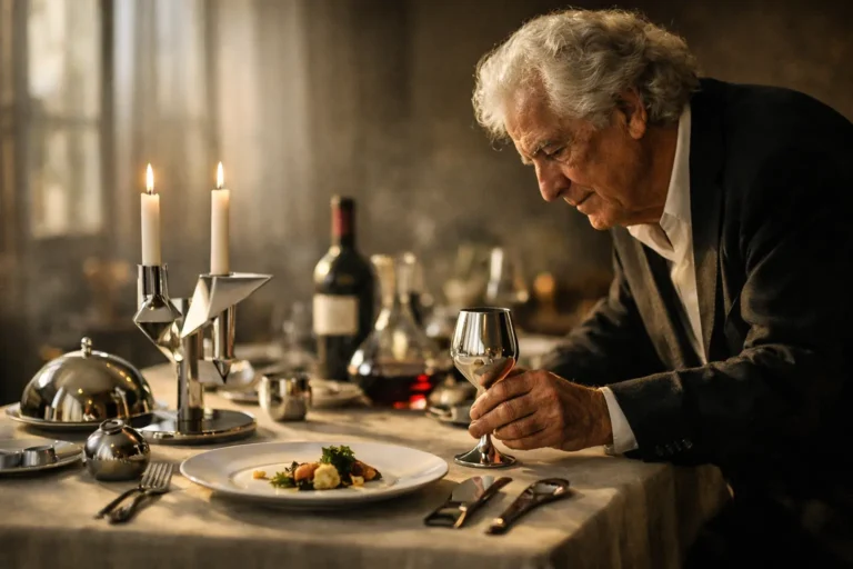 Anziano in giacca nera osserva una tavola elegante con piatto, calice, candelabri e servizio d’argento.