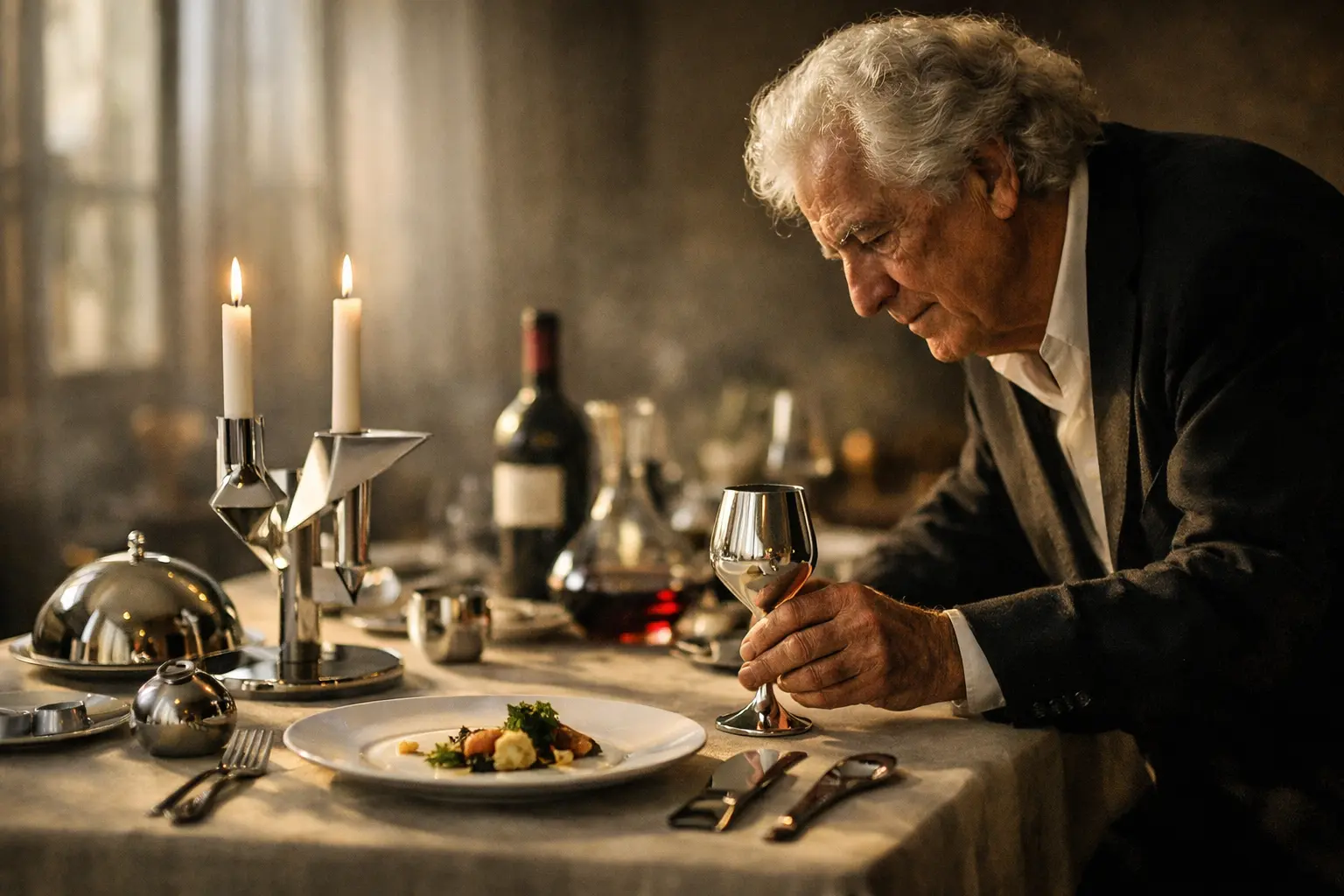 Anziano in giacca nera osserva una tavola elegante con piatto, calice, candelabri e servizio d’argento.