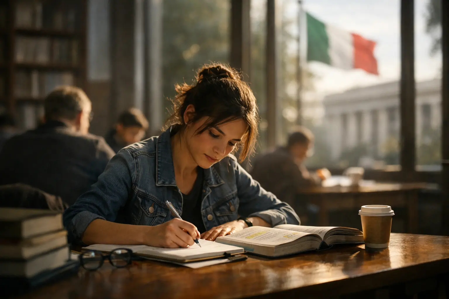 Ragazza studia a un tavolo con quaderno, libro aperto e caffè, in una sala luminosa con sfondo sfocato.