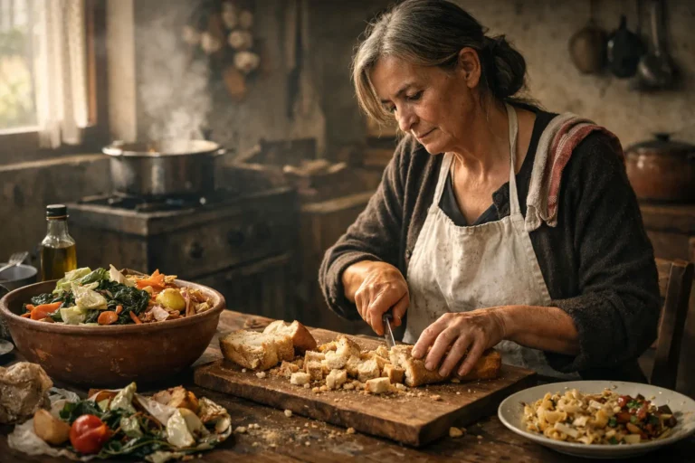 Donna in cucina rustica taglia pane raffermo su tagliere, con zuppa di verdure e piatti di avanzi.