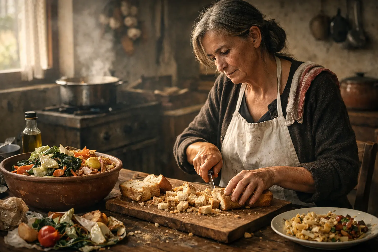 Donna in cucina rustica taglia pane raffermo su tagliere, con zuppa di verdure e piatti di avanzi.