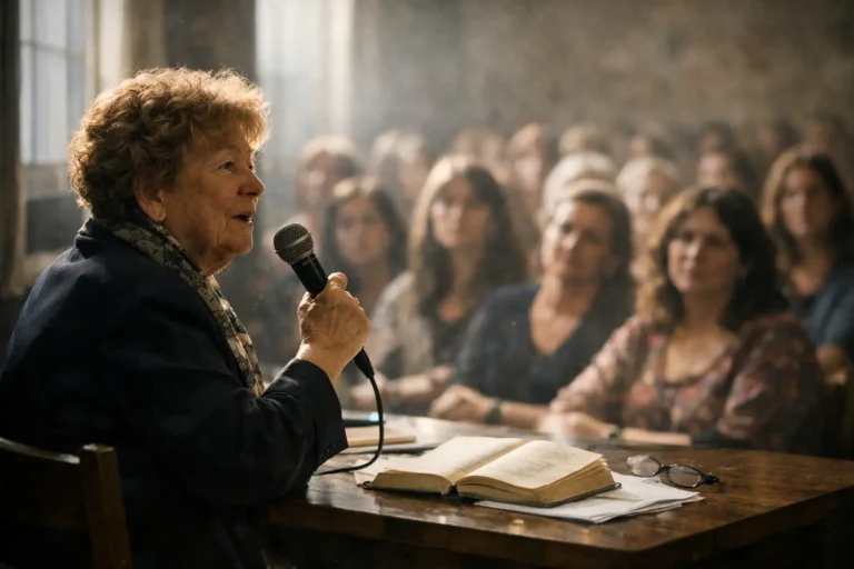 Donna anziana parla al microfono davanti a un pubblico, con un libro aperto e occhiali sul tavolo.