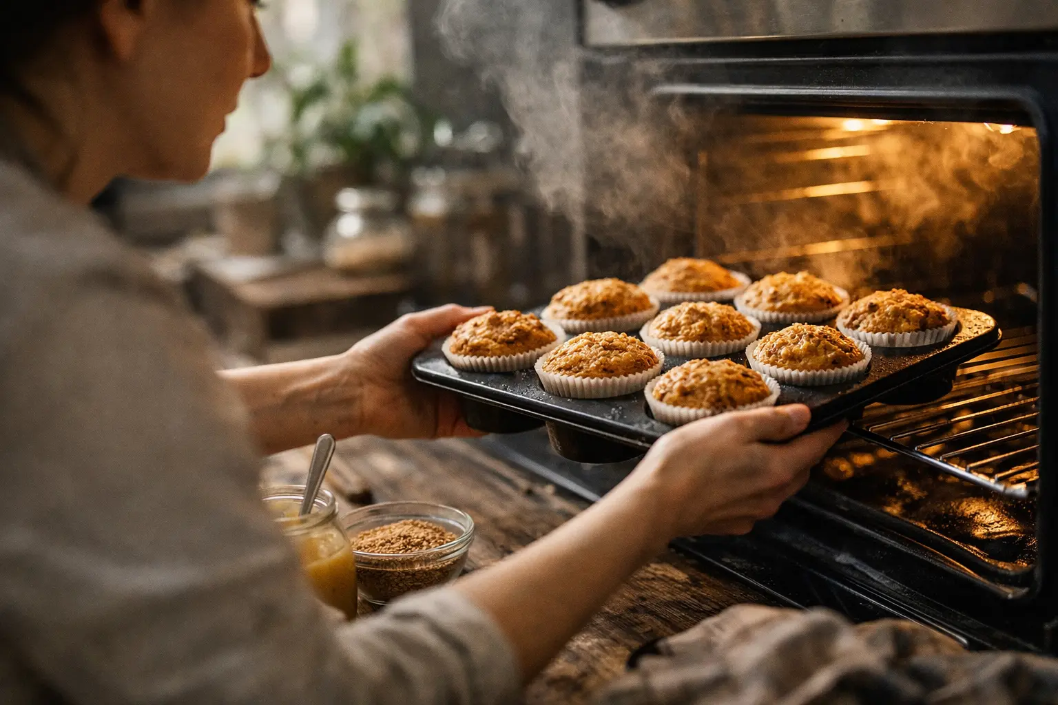 Persona che inforna una teglia di muffin appena sfornati, con vapore dal forno e barattoli sul tavolo.
