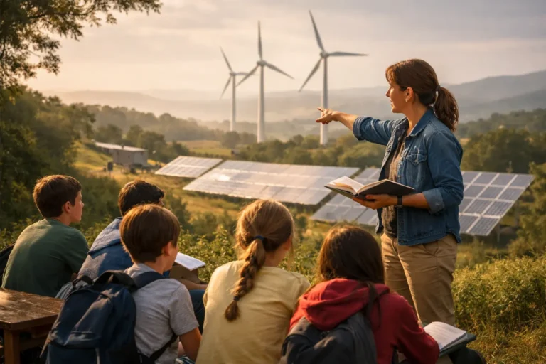 Insegnante mostra studenti impianti solari e pale eoliche durante una lezione all’aperto.