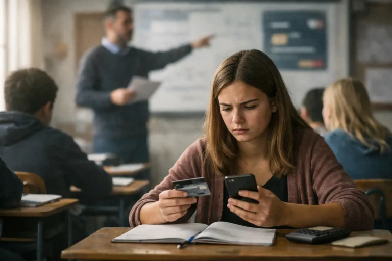 Studentessa in aula guarda una carta di pagamento e uno smartphone, con quaderno aperto sul banco.